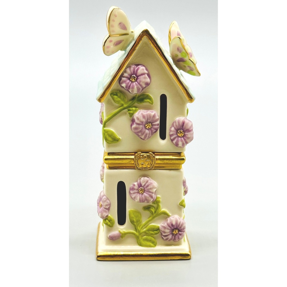 Lenox Treasures Butterfly Bungalow Birdhouse Trinket Box Purple Floral Porcelain